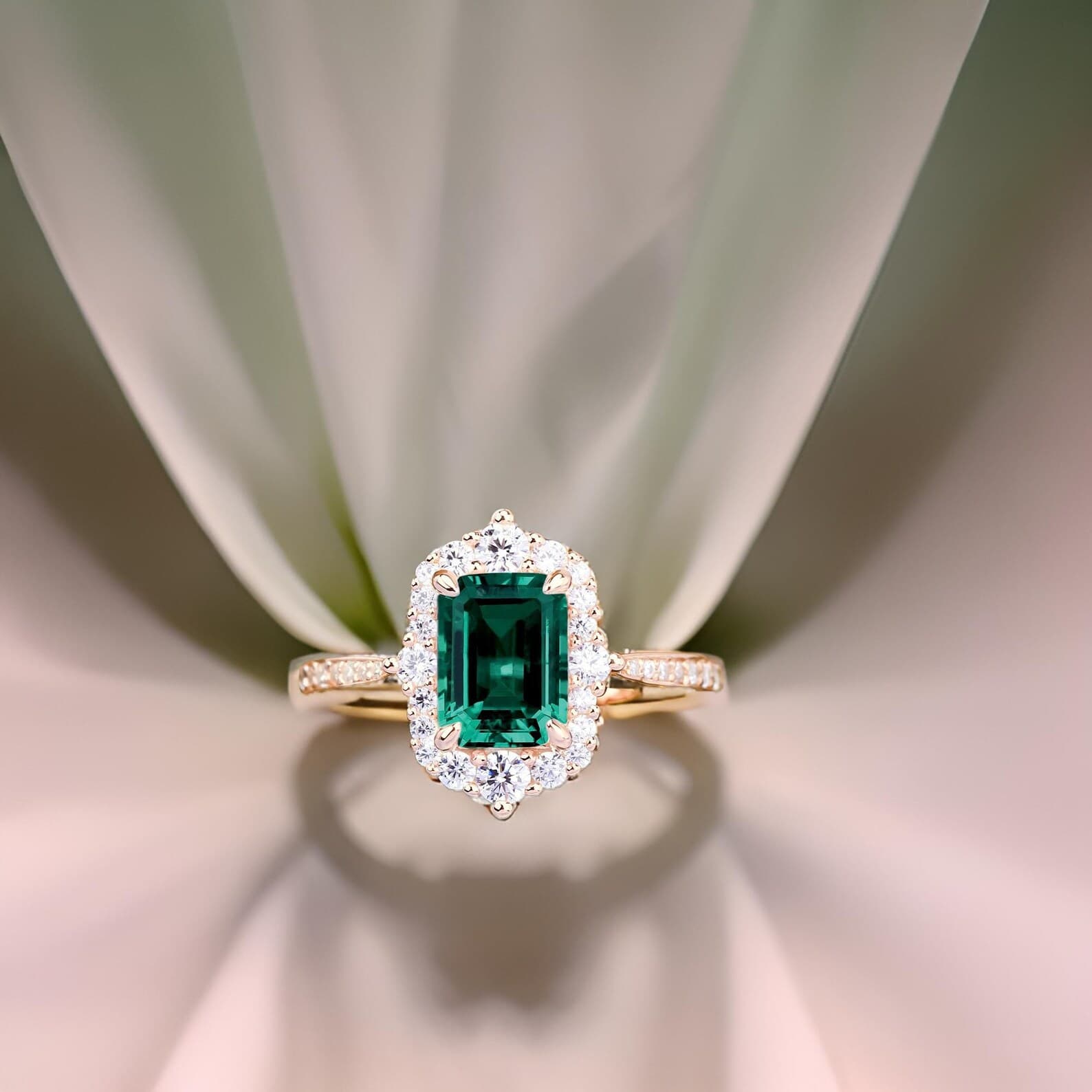 Sterling Silver Emerald Cut Emerald & Diamond Halo Engagement Ring
